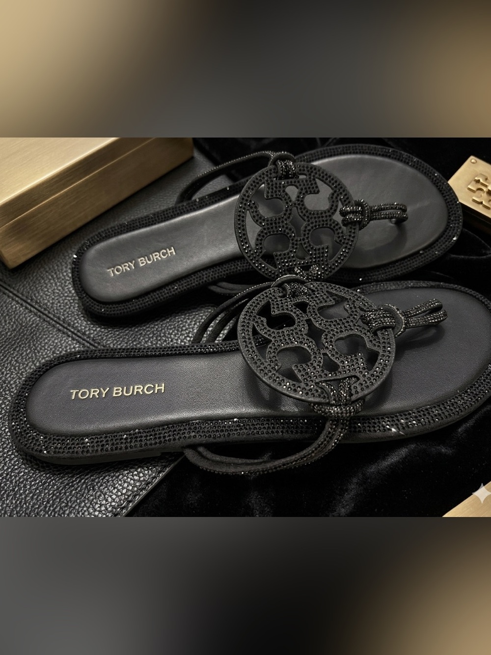 Tory Burch Black Crystal Logo Sandals